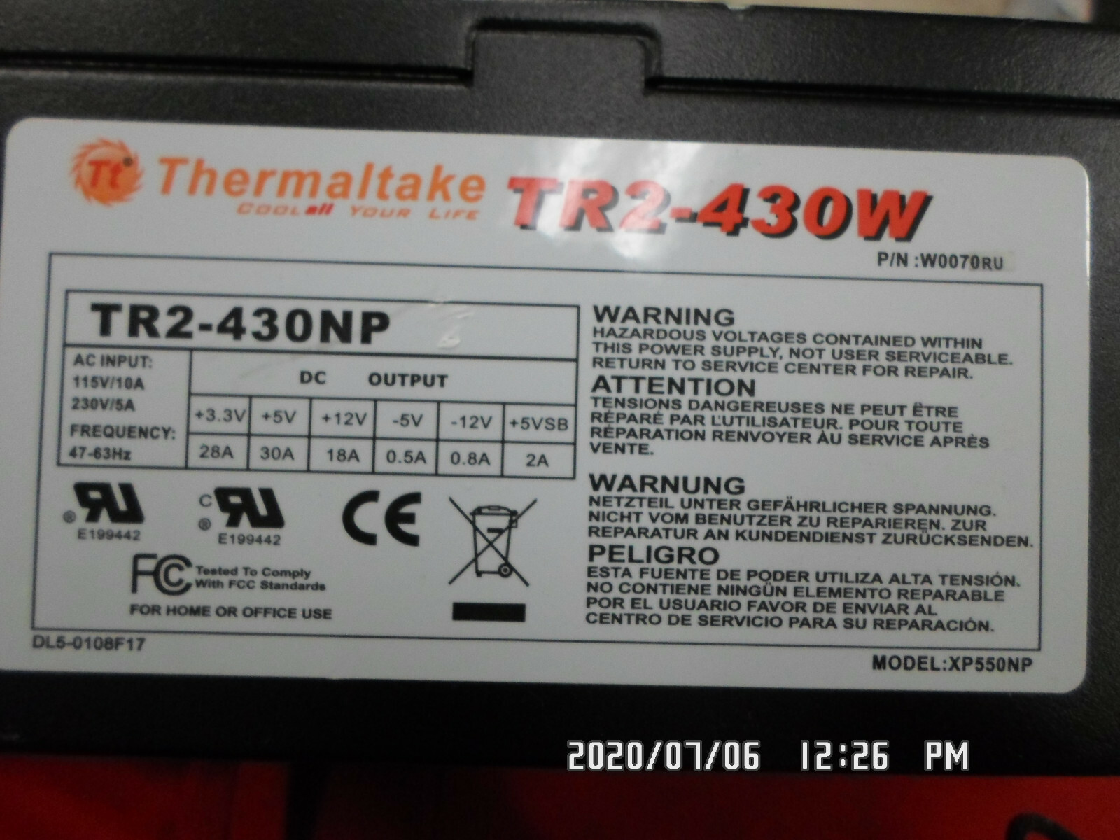 THERMALTAKE W0070 TR2-430W PS TESTED 