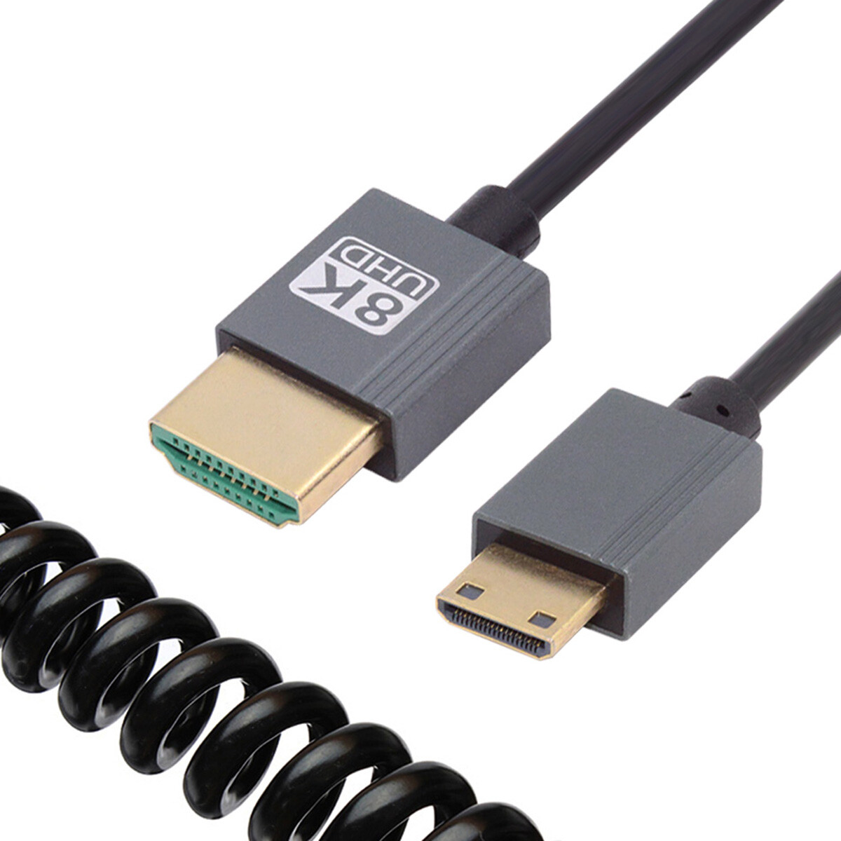 Cablecy Angled Mini HDMI 2.1 Male to HDMI Male 8K 60hz Stretch Coiled Cable 1m