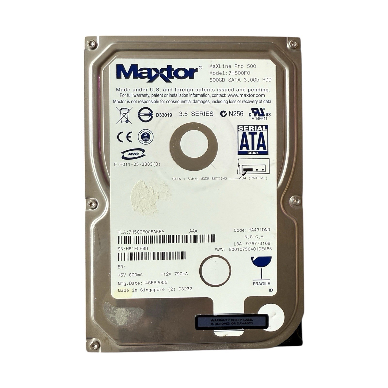 Maxtor MaxLine Pro 7H500F0 500G 7200RPM SATA 3.5" Hard Drive - Tested