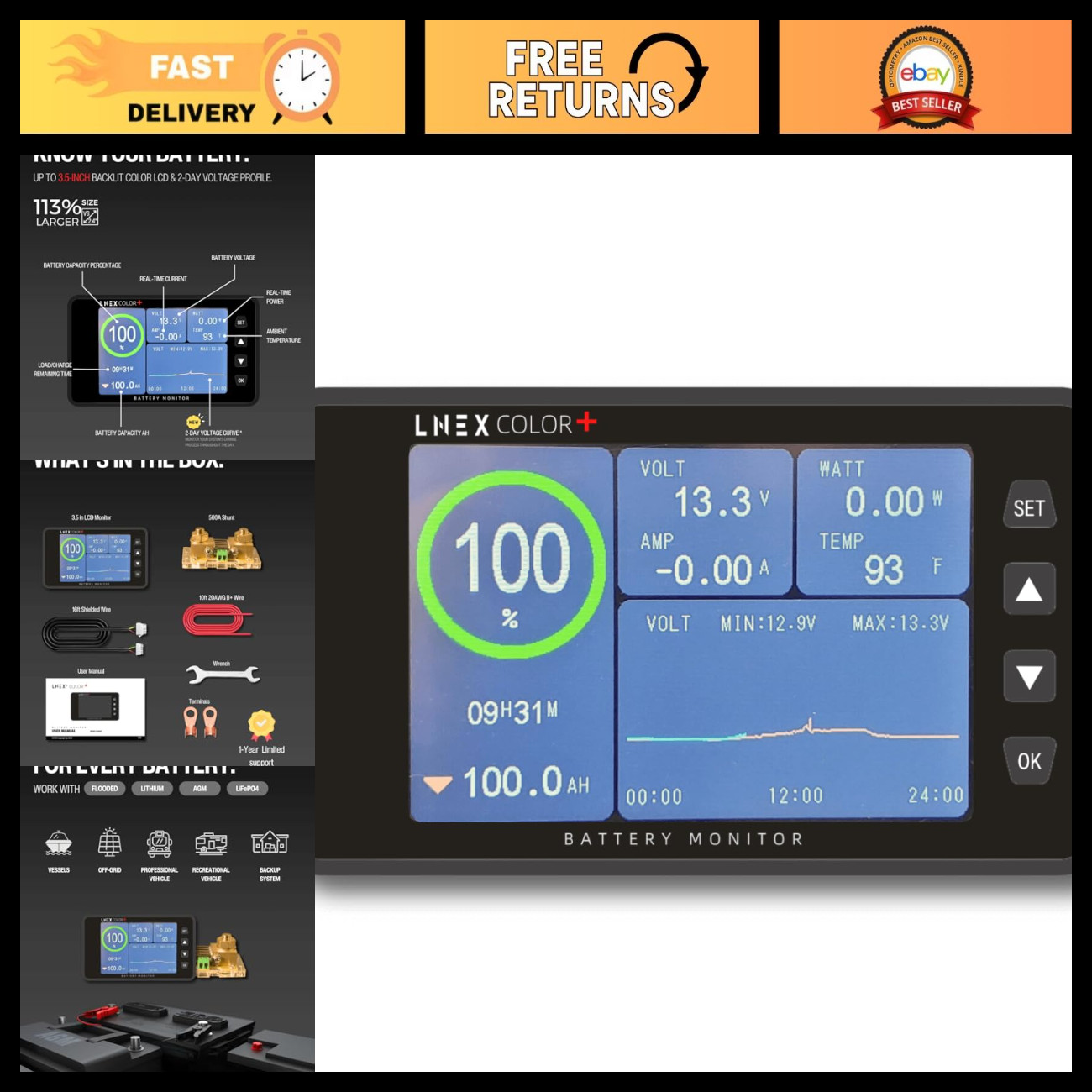 500A Battery Monitor with Shunt, 3.5" Color Display, RV Power Monitor, 16ft Cabl