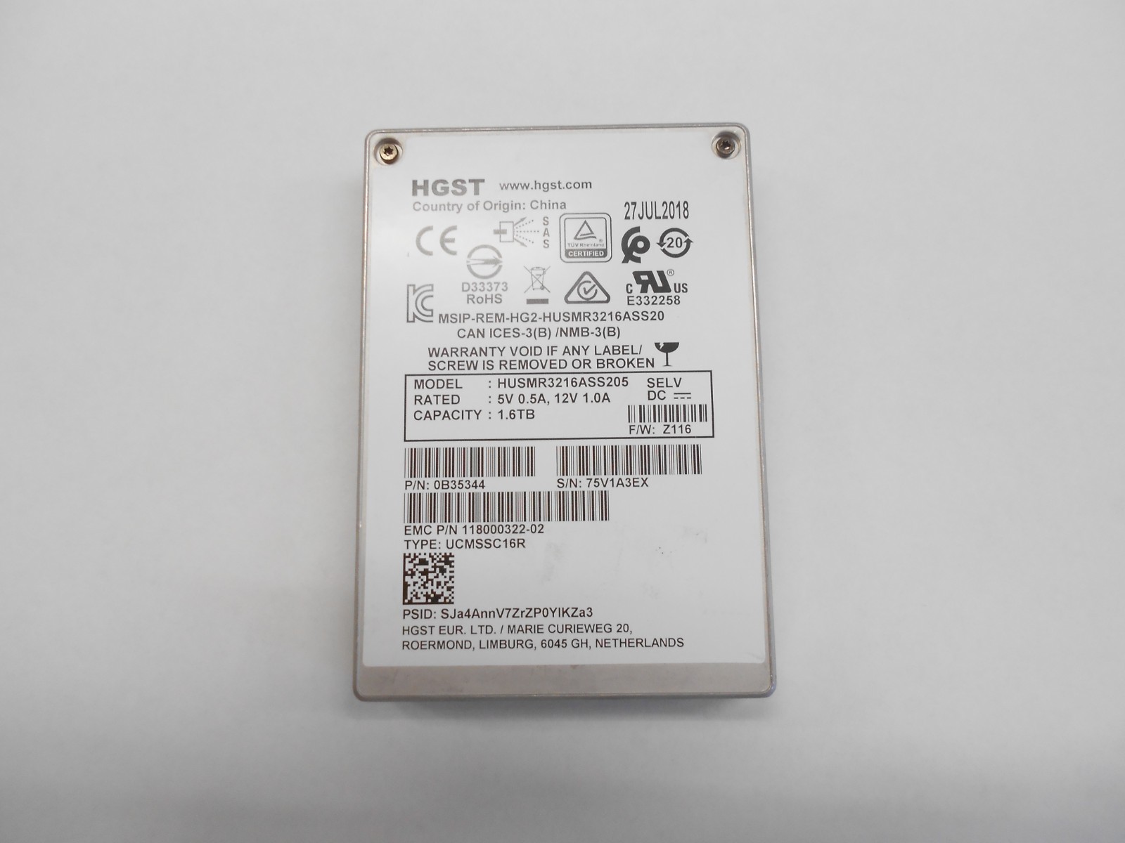 HGST 1.6TB SSD SAS 2.5" 12G Server Hard Drive HUSMR3216ASS205 HP Dell 98% health