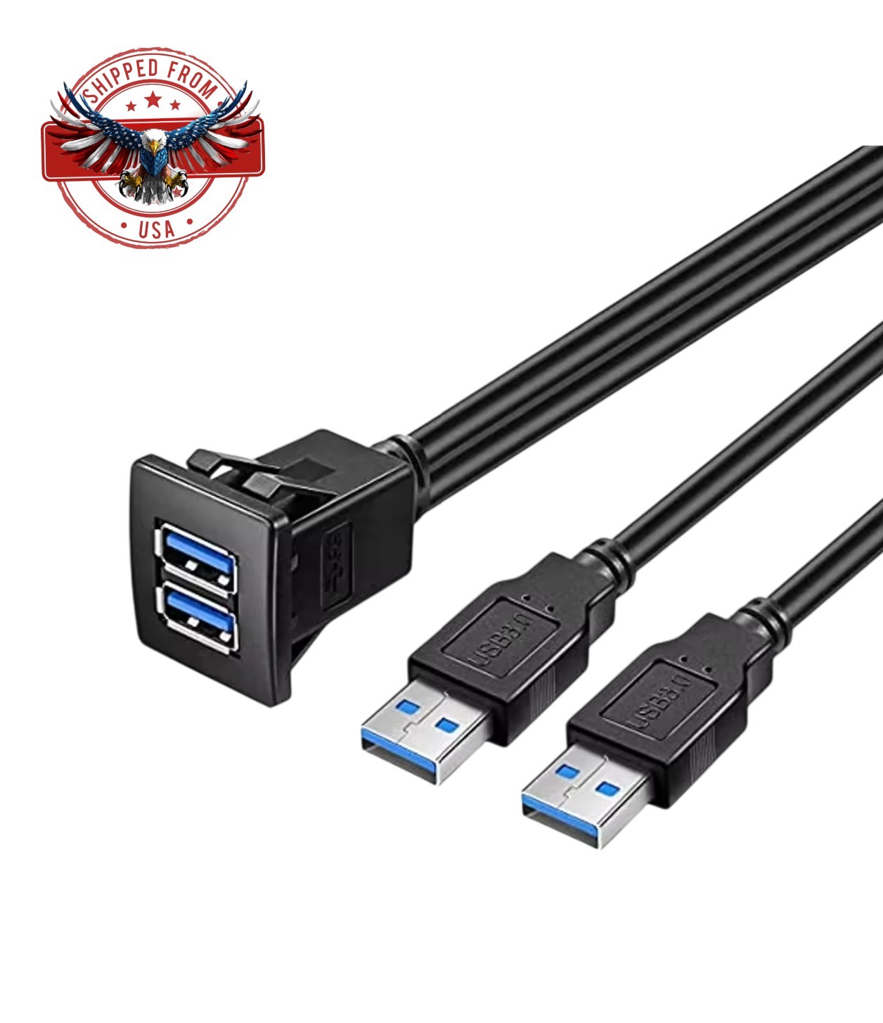 Dual Port Square USB 3.0 Panel Flush Dash Mount Extension Cable Buckle Car 1m