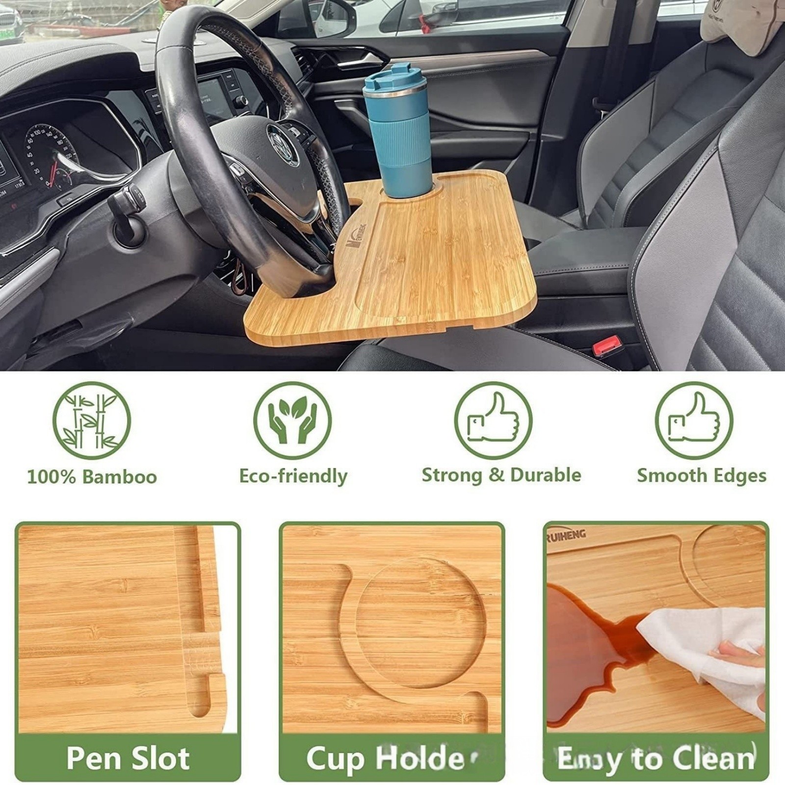 Sturdy Bamboo Steering Wheel Desk Car Tray Laptop Food 2in1