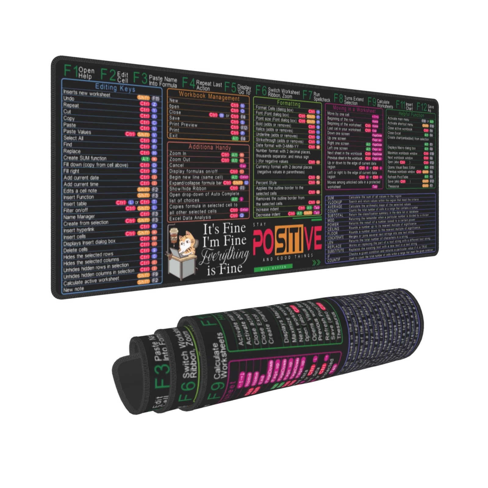 Excel Shortcut Keys Mouse Pad - 31.5 X 11.8 Inch XL Cheat Sheet Gaming Mousep...