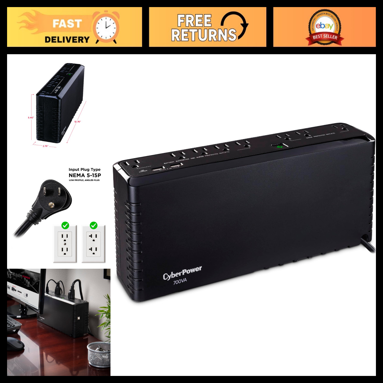 Standby UPS Battery Backup & Surge Protector, 700VA, Power Outage Protection