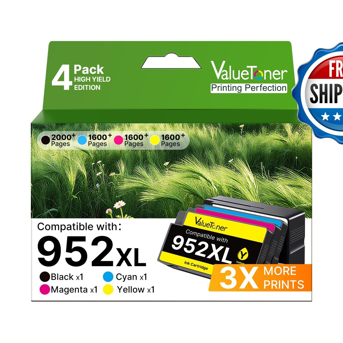 Valuetoner 952XL 4 Pack B/C/M/Y Ink for HP Officejet Pro 8710 8720 7740