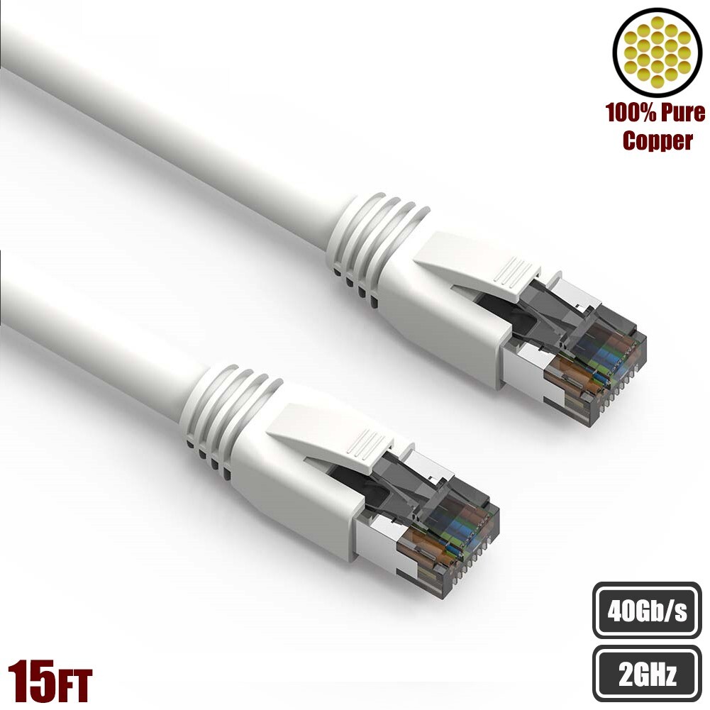 15FT Cat8 RJ45 Network LAN Ethernet Cable S/FTP Copper Wire 2GHz 40Gbps White
