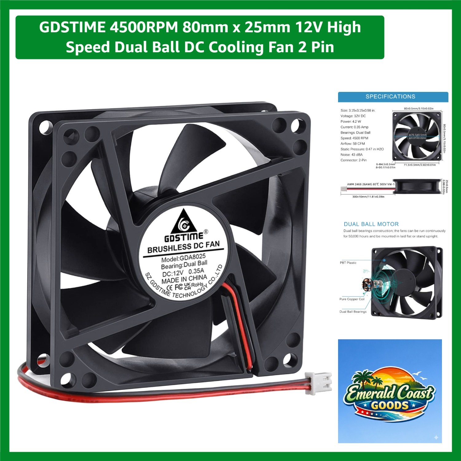 4500RPM 80mm x 25mm 12V High Speed Dual Ball DC Cooling Fan 2 Pin
