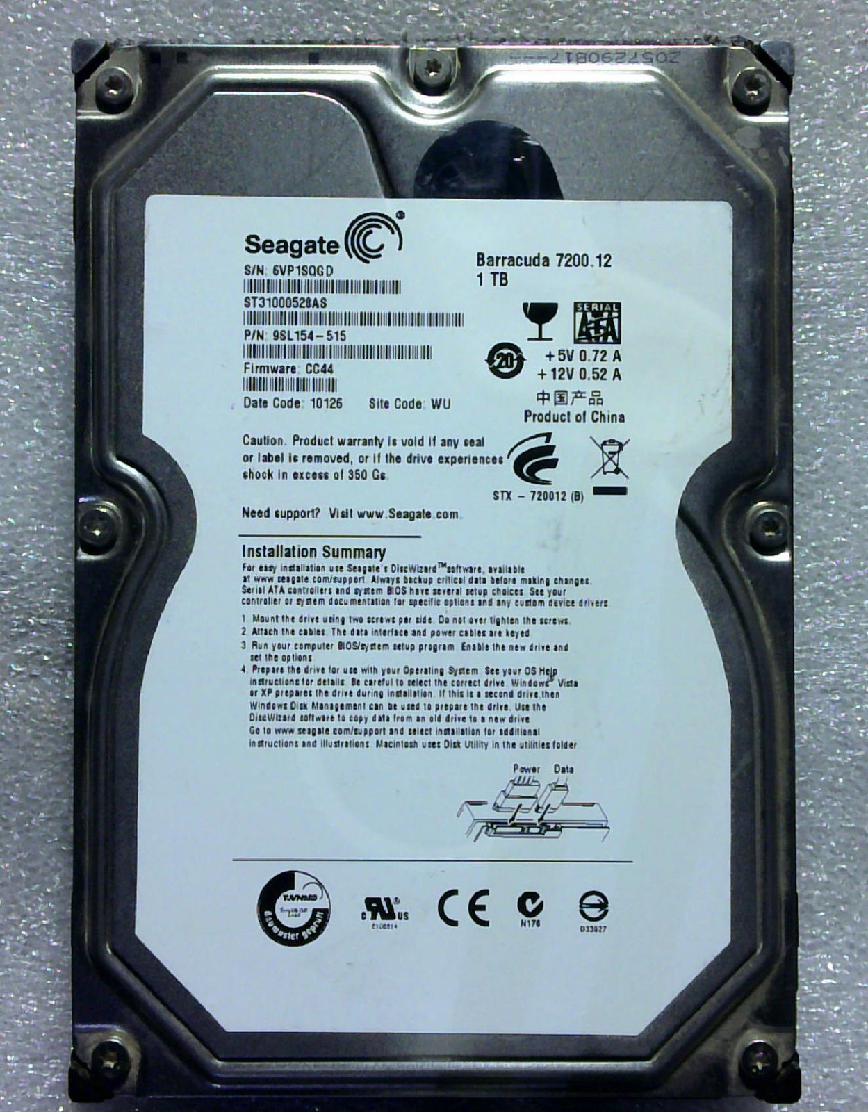 Seagate F3 - ST31000528AS - 1TB - 9SL154-515 - 58 01 - SN: 6VP1SQGD