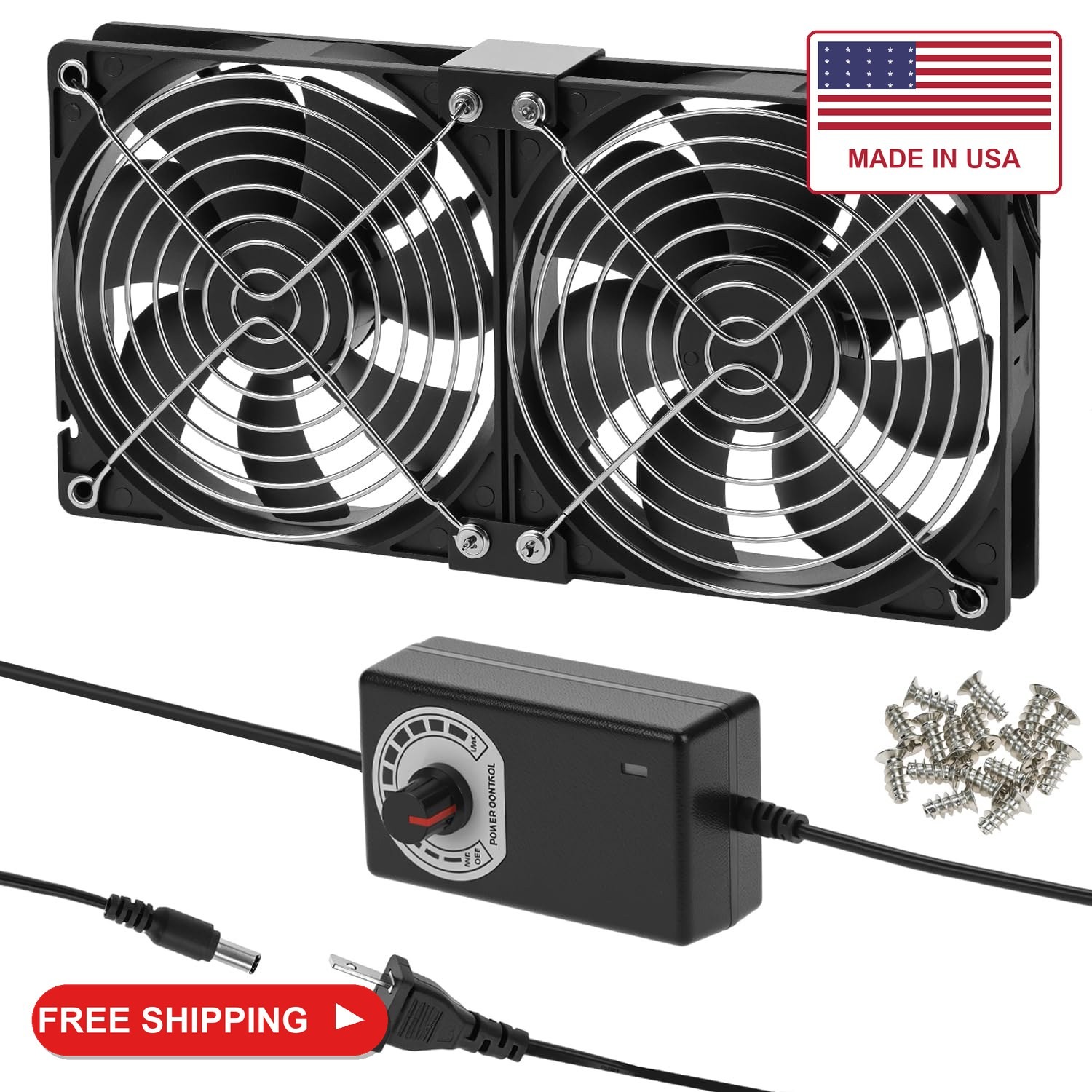 QWORK 2 x 120mm 240mm Computer Fan with 110V-240V AC Plug, Speed Controller 3V t
