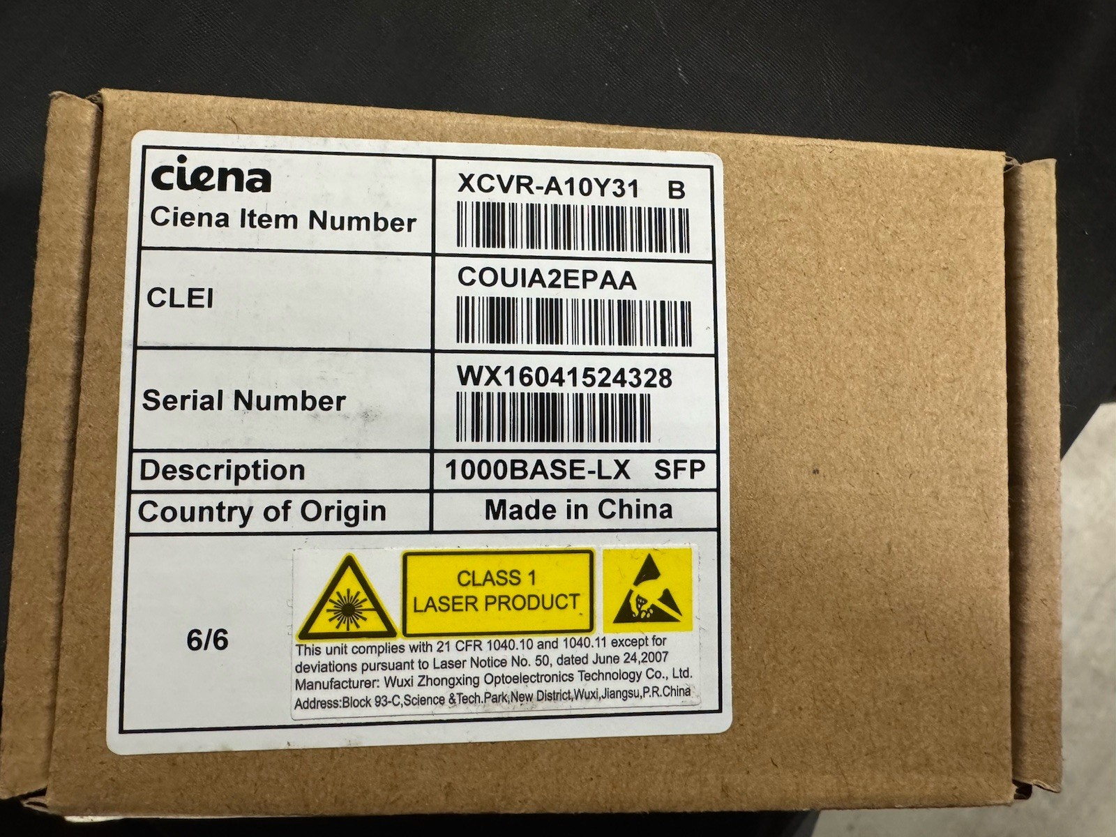 Ciena XCVR-A10Y31 SFP Transceiver Module 1000Base-LX 10km 1310nm LC SM  ge6 New