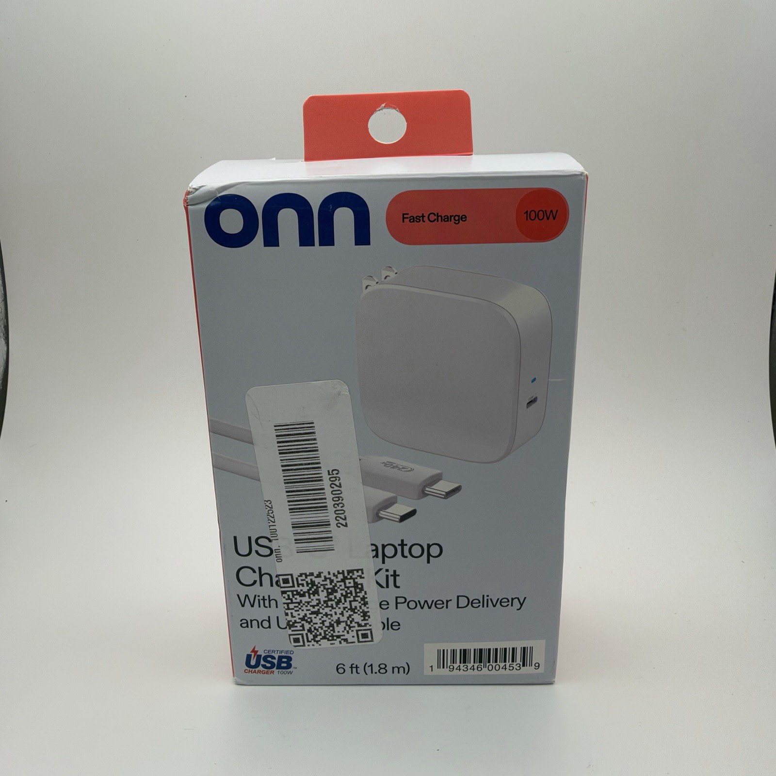 onn 100W USB-C Laptop Charger GaN Power Delivery 6ft Cable Fast Charge Open Box