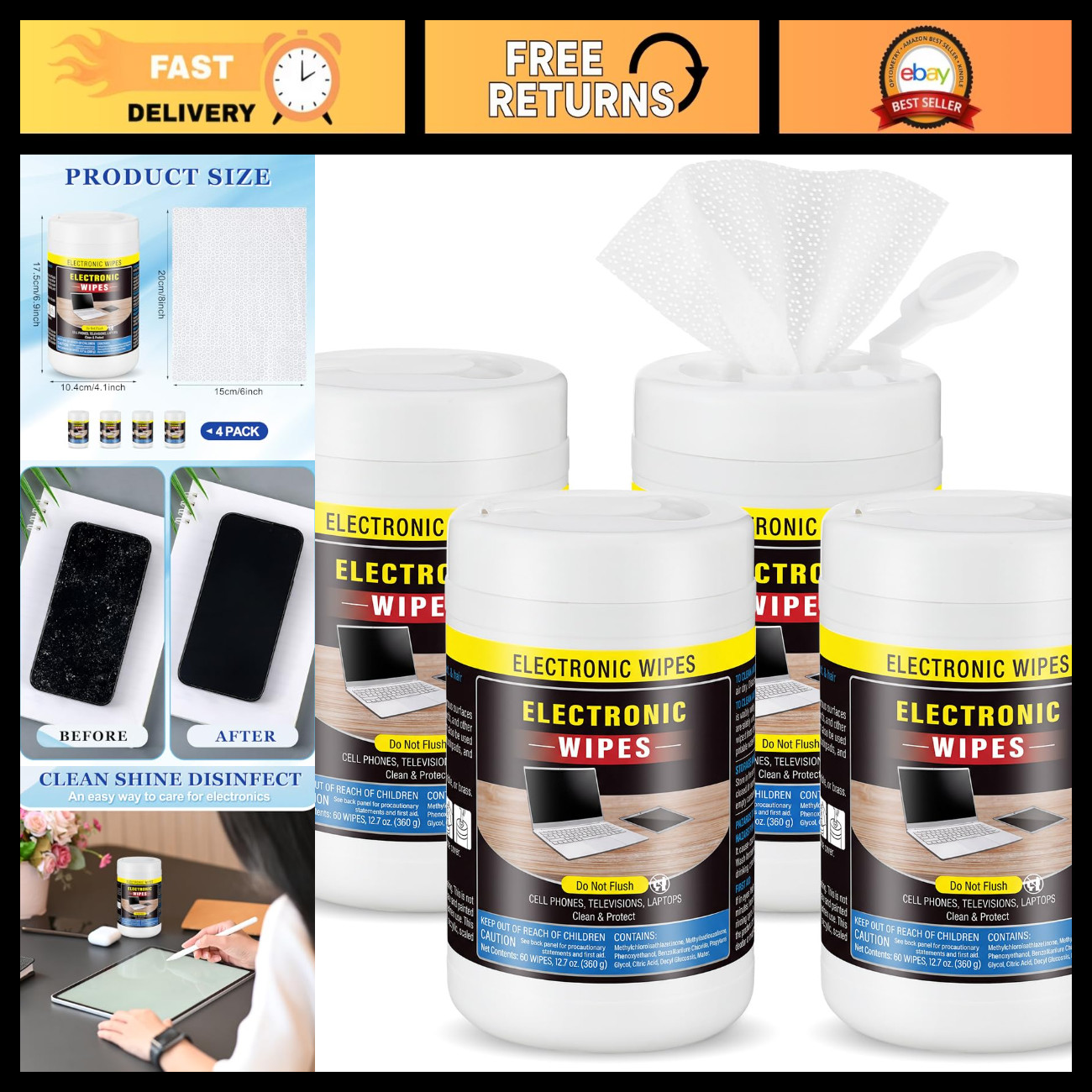 240 Count Electronic Screen Cleaning Wipes - 4 Pack, Anti-Static, Streak-Free
