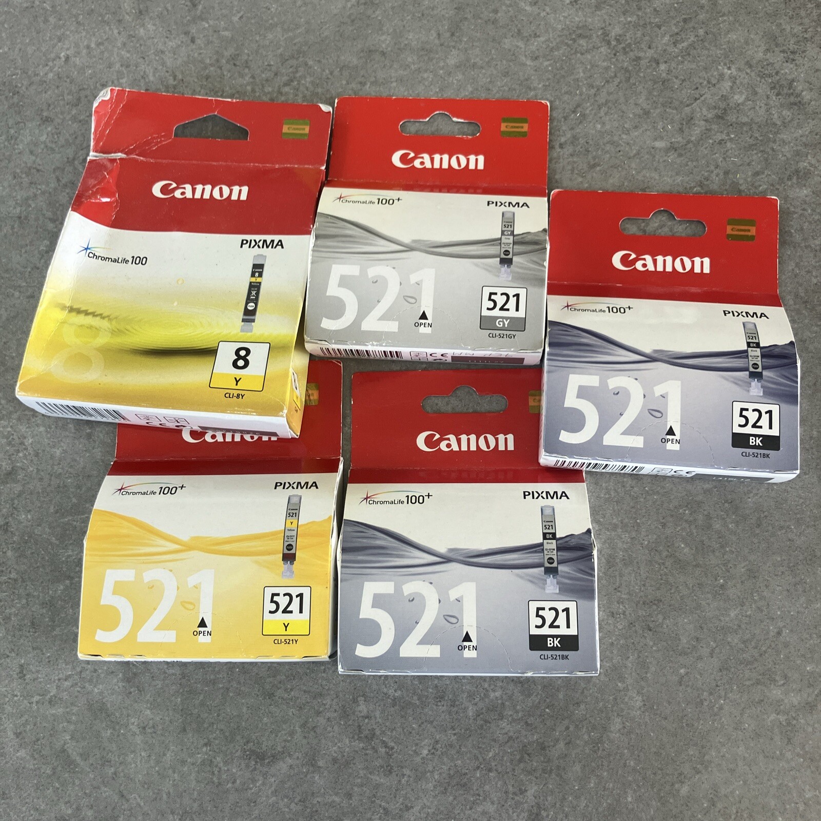 5 X Genuine Canon CLI-521BK, CLI-521GY, CLI-521Y, Black, Yellow and Grey