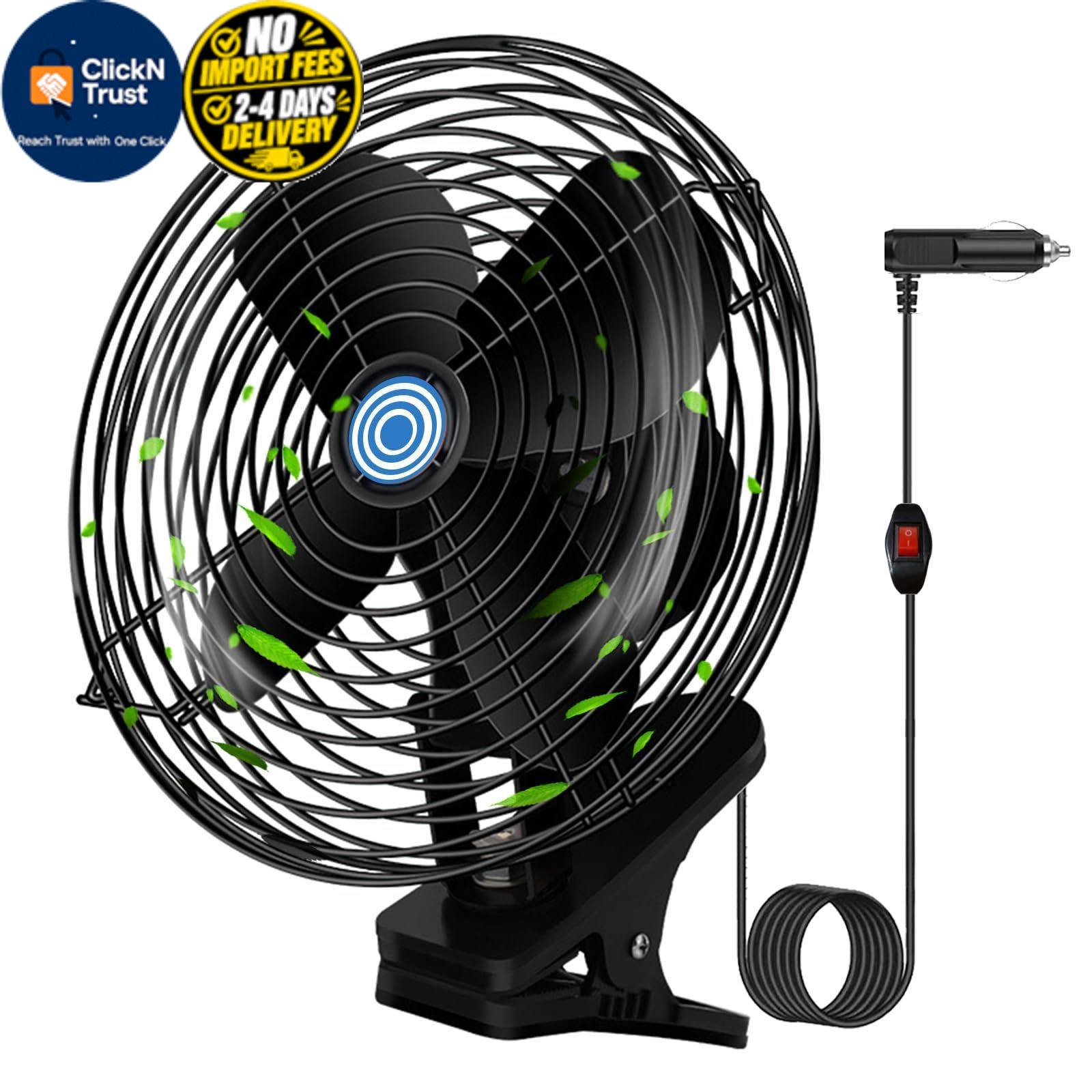 Ultra-Quiet Portable Car Fan, 8 Inch clip-on Cigarette 8" Black, black