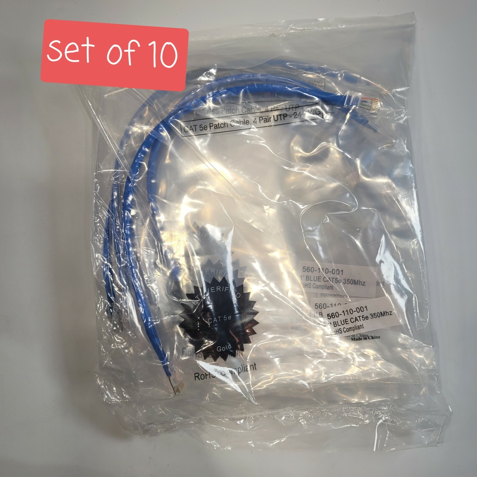 SET OF 10 CAT 5e Patch Cable 560-110-001 1' BLUE CAT5e 350Mhz RoHS COMPLIANT 