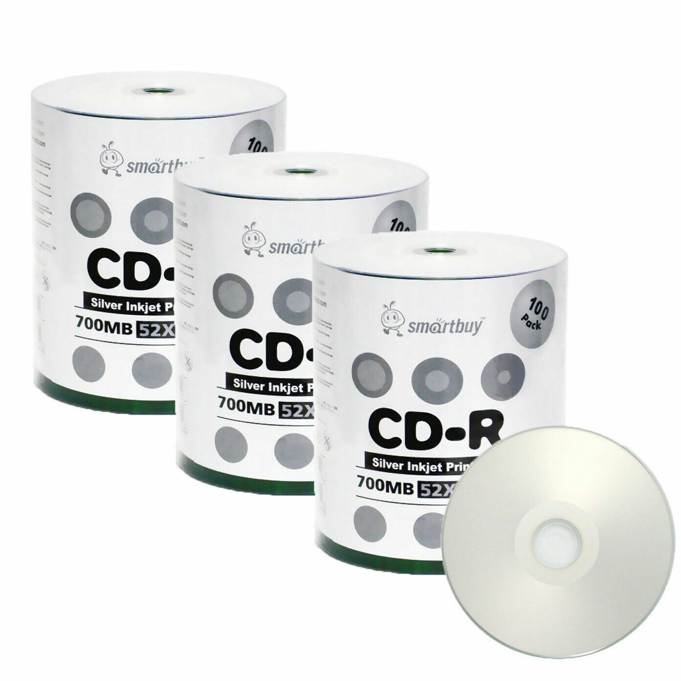300 Smartbuy CD-R 52X 700MB/80Min Silver Inkjet Printable Blank Recording Disc