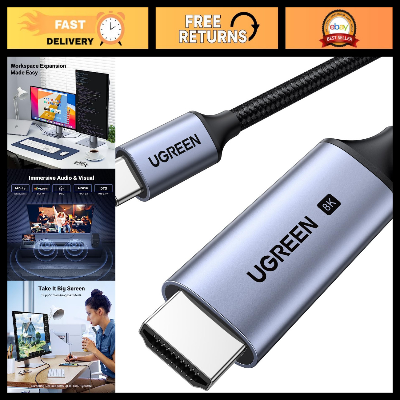 USB C to HDMI 2.1 Cable 8K 60Hz 4K 240Hz, 10FT for Home Office & Gaming