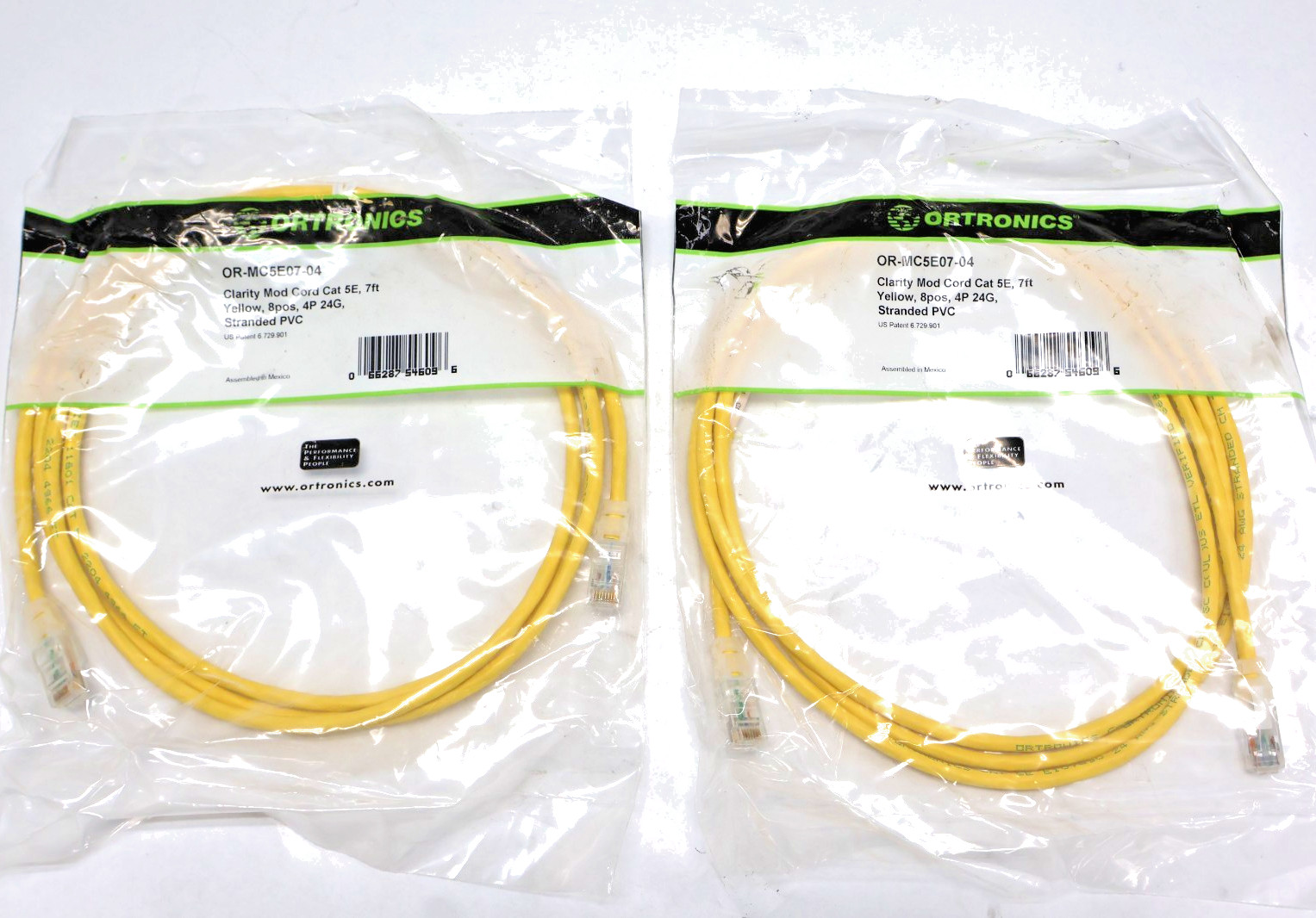 Lot of 2 Ortronics OR-MC5E07-04 Clarity Cat 5E Modular Patch Cables 7ft Yellow