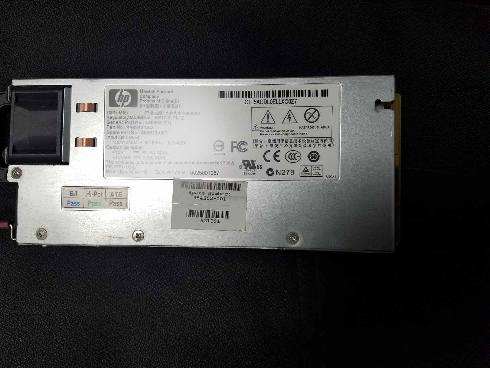 HP 451366-B21 486613-001 449838-001 HSTNS-PL12 750W power supply DL180/185 G5