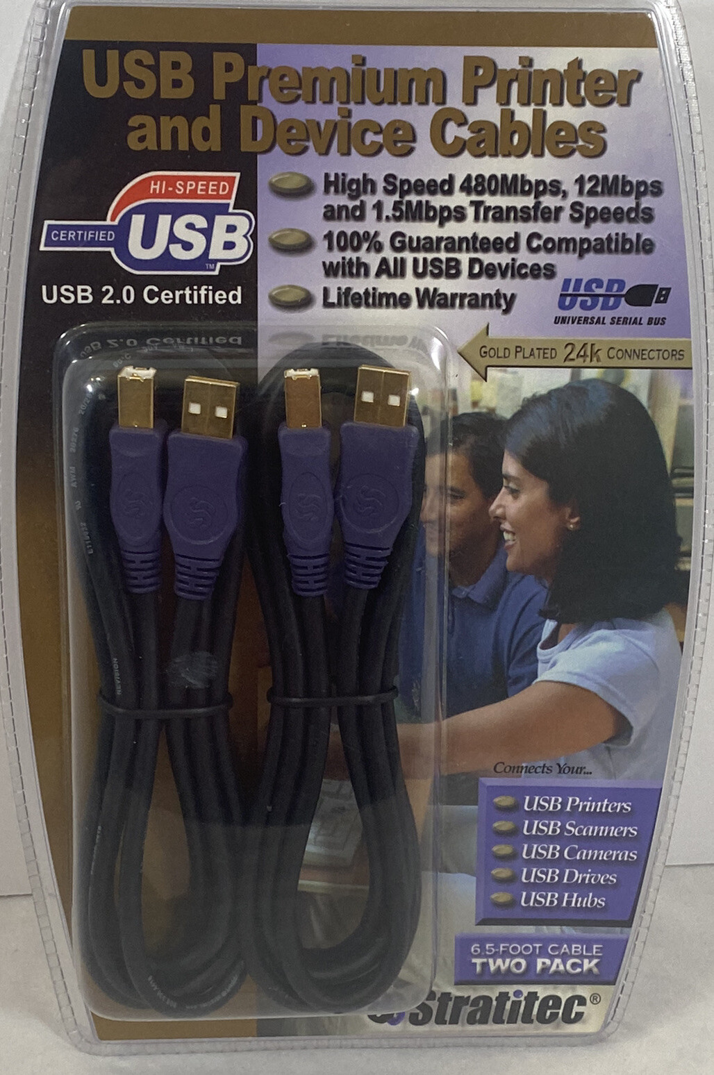 Stratitec Premium USB Printer & Device Cables 2 Pack 6.5 ft