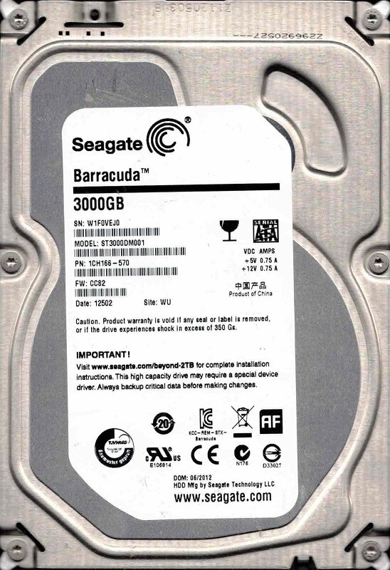 ST3000DM001 F/W: CC82 P/N: 1CH166-570 WU W1F0 06/2012 Seagate 3TB