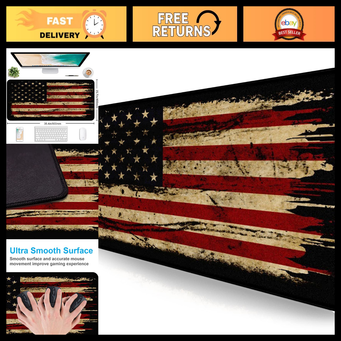 XL Retro American Flag Gaming Mouse Pad - Stitching Edge Desk Mat for Laptops