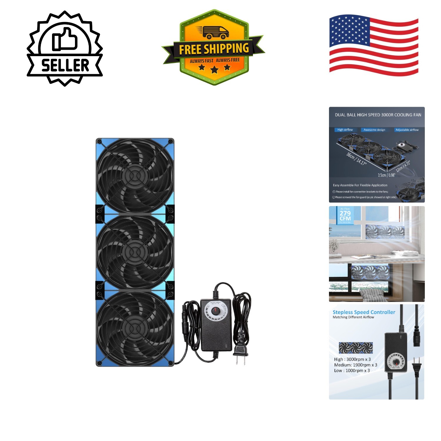 Versatile 360mm Adjustable Computer Fan with Speed Controller - 3 Quiet Fans