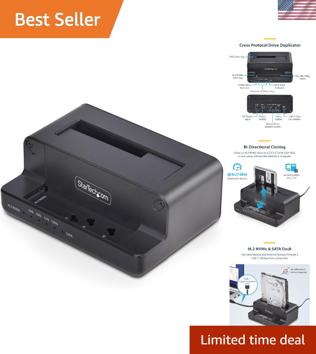 StarTech M.2 NVMe to 2.5/3.5in SATA Duplicator Dock, 27GB/min, USB 10Gbps