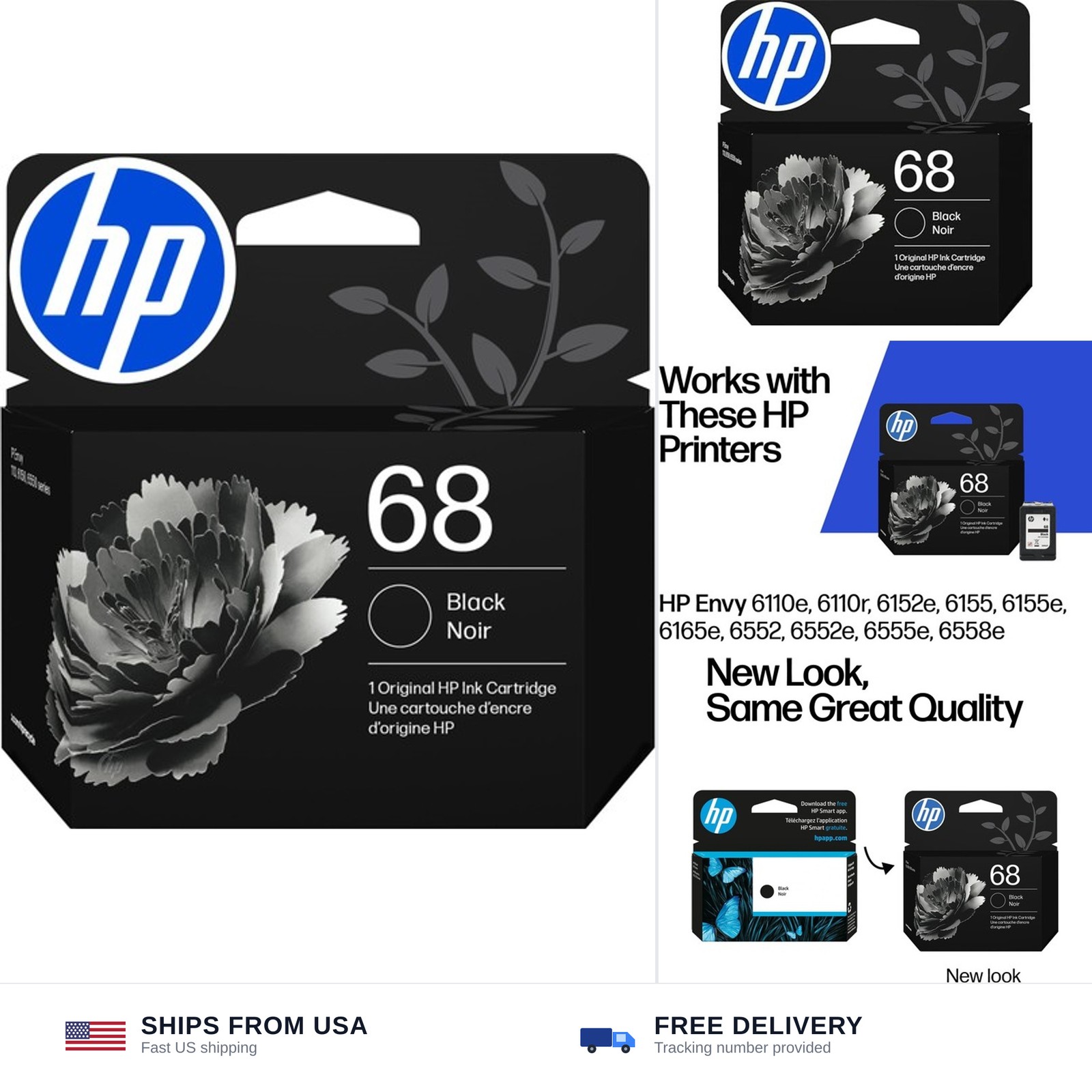 HP 68 Black Ink Cartridge | Works with Envy 6100e, 6500e Series | 7FP21TN