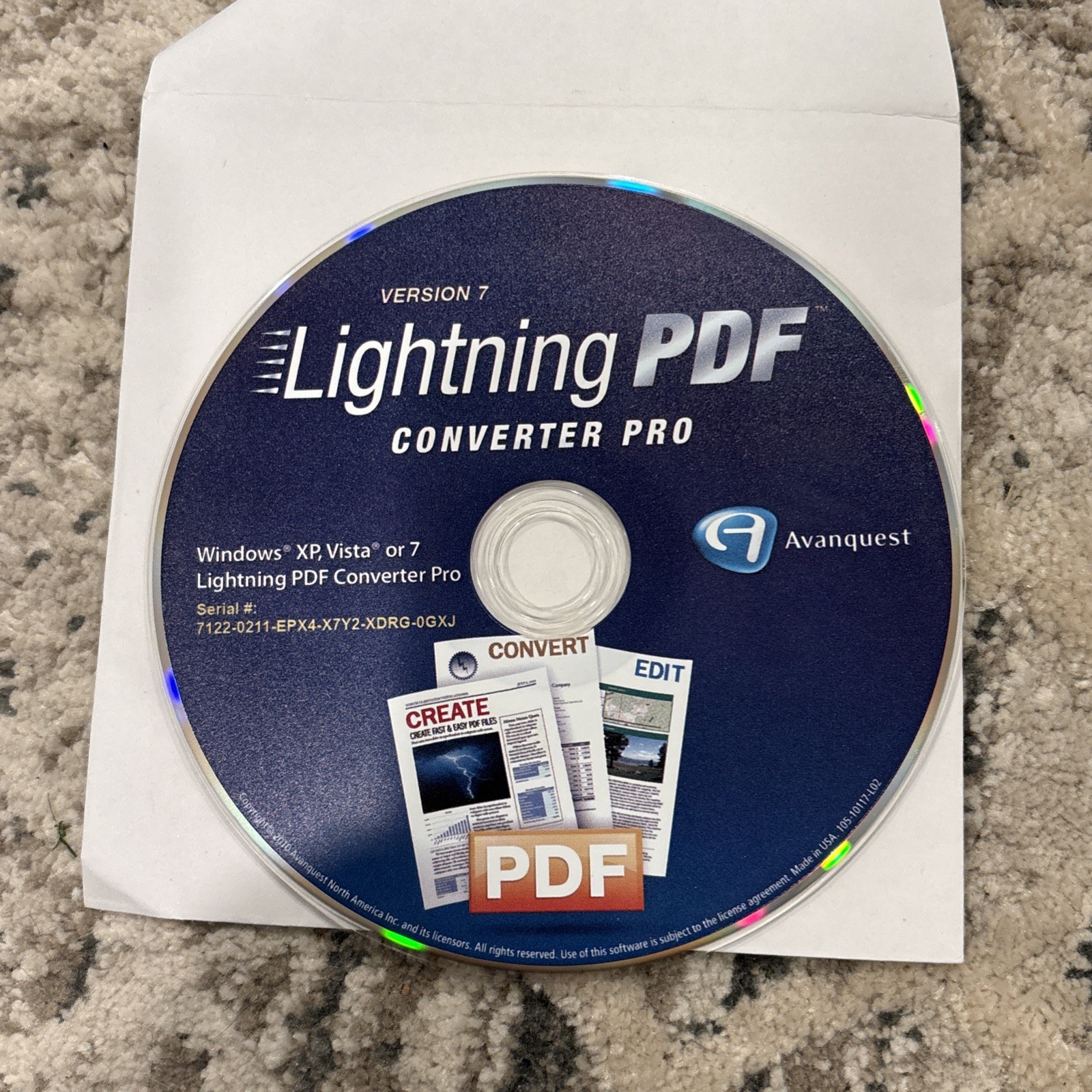 Avanquest Lightning PDF Converter Pro Version 7 Windows XP Vista 7 Software CD