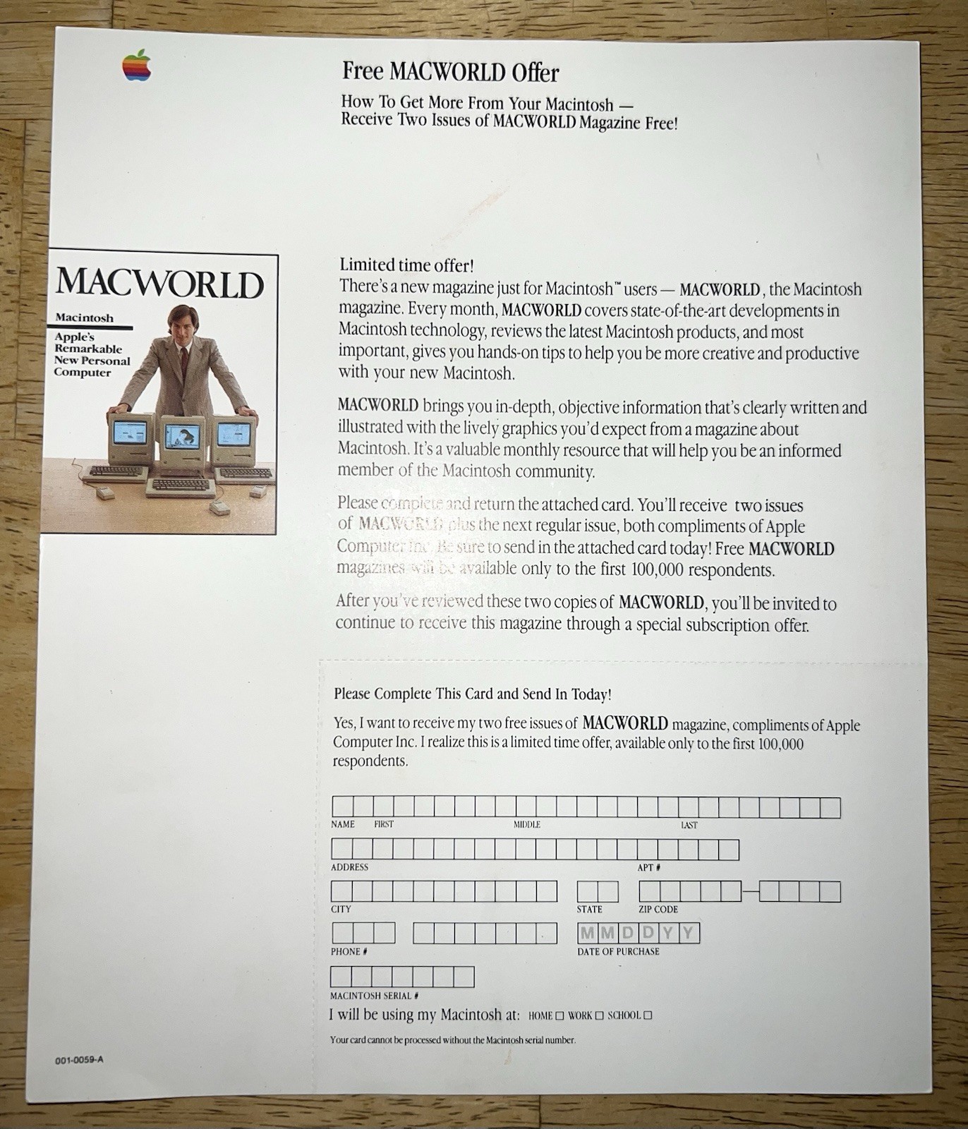 RARE 1984 STEVE JOBS Macintosh 128K MACWORLD Card Offer Sheet Mac M0001 UNUSED