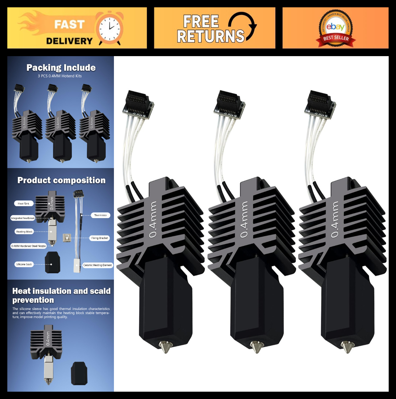Upgraded 3D Printer Hotend Kit - 3 PCS, Leak-Proof, Heat Resistant, Hardened Ste