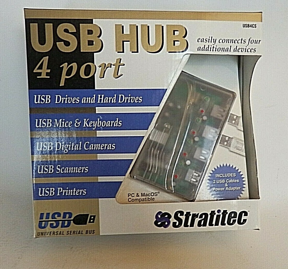 NOS Stratitec USB HUB, 4 Port, USB4CS, PC & MAC Compatible, w/USB Cables & Power