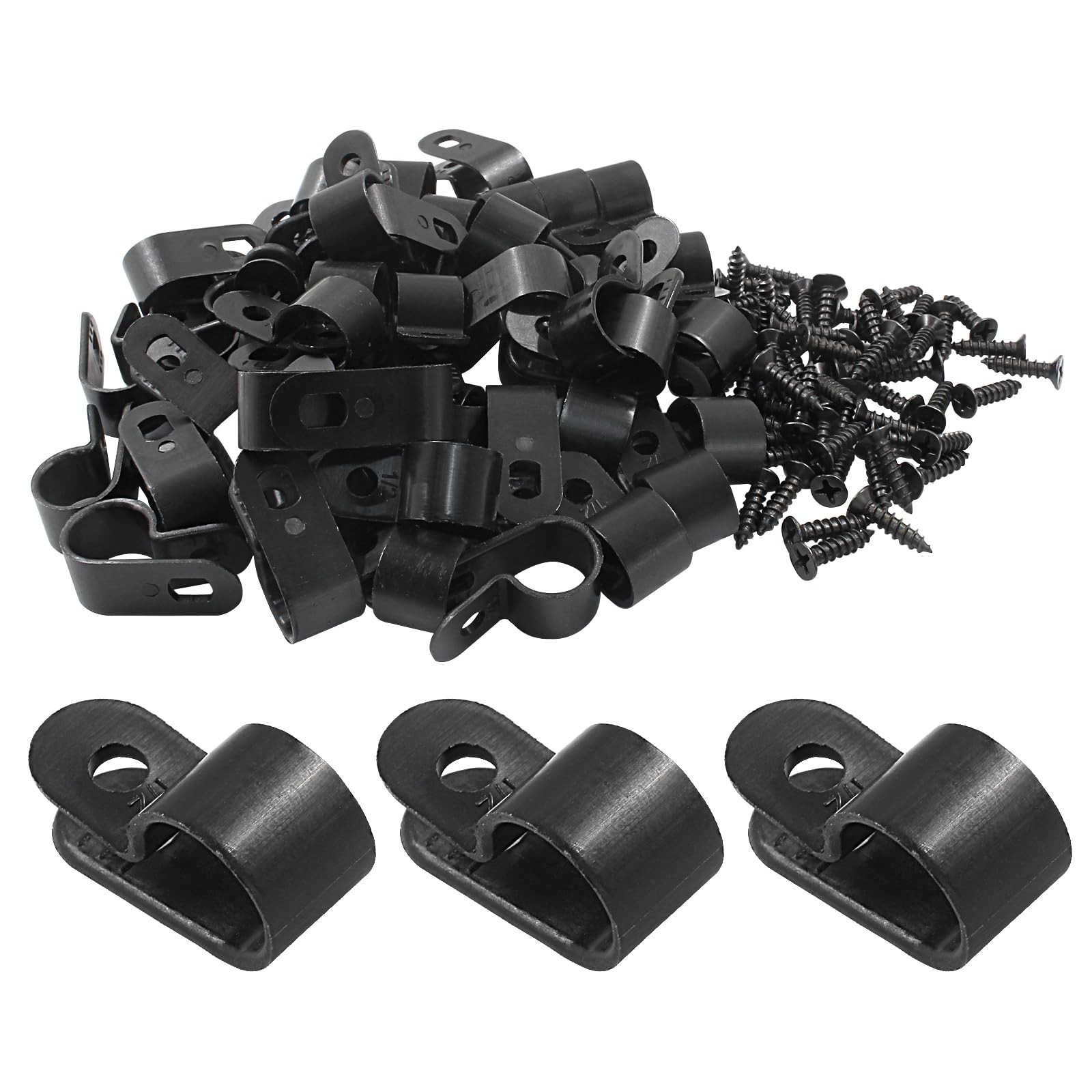 50 Pack 1/2 Inch R-Type Cable Clips Cable Clamp Black Mounting Clip