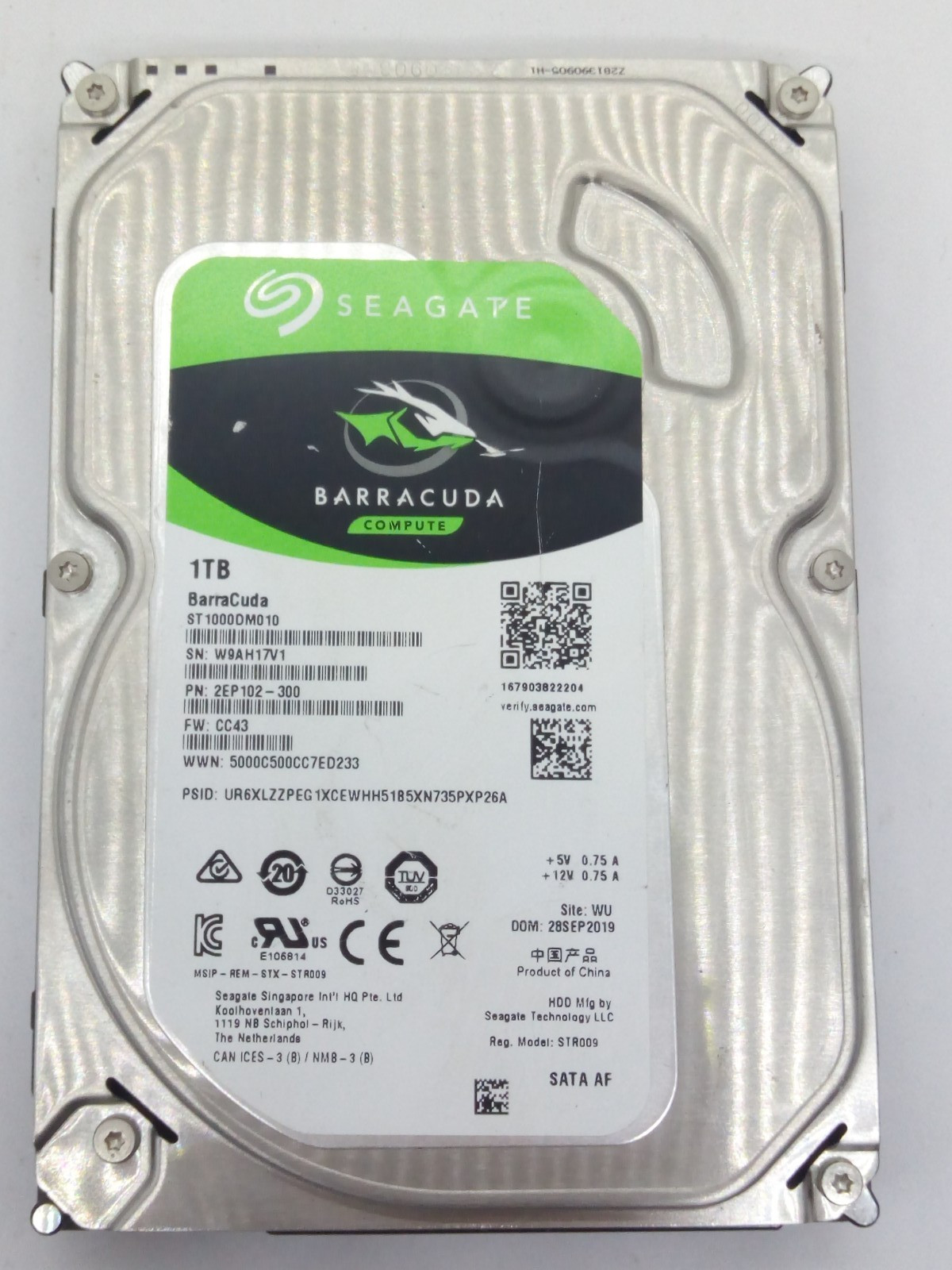 SEAGATE BARRACUDA SATA HARD DRIVE 1TB S/N: W9AH17V1 3.5 " #FP4512