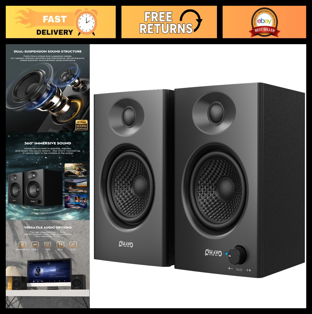 60W Computer Speakers for Music and Gaming, Active Bluetooth 5.3