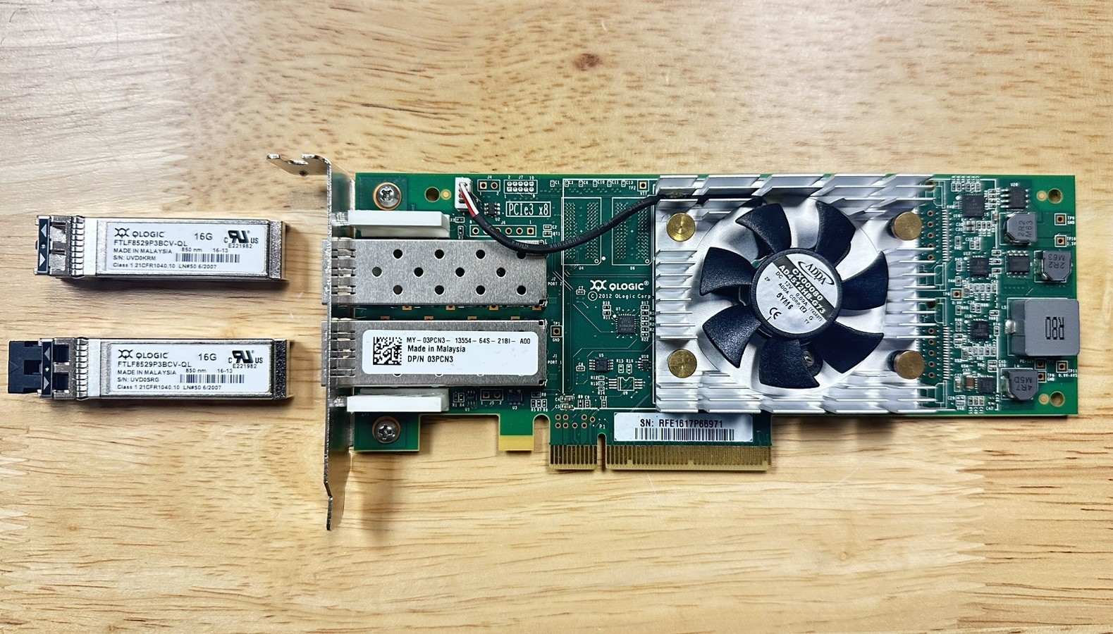 Dell QLogic QLE2662L-DEL Fiber Chanel HBA 16G w/ Transceivers LP Bracket w/ Fan