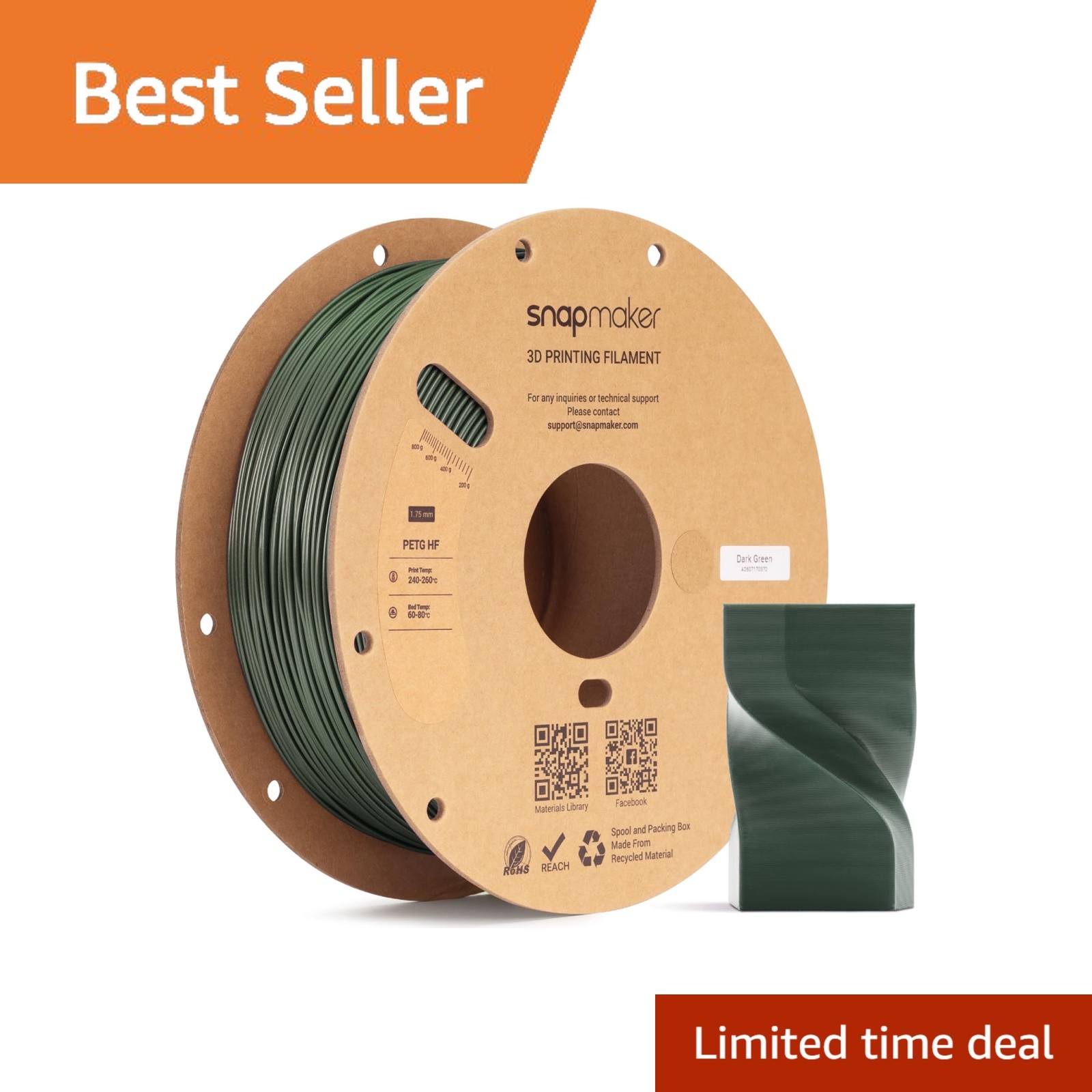 Snapmaker PETG HF 3D Printer Filament, 1.75mm, Dark Green, 1kg