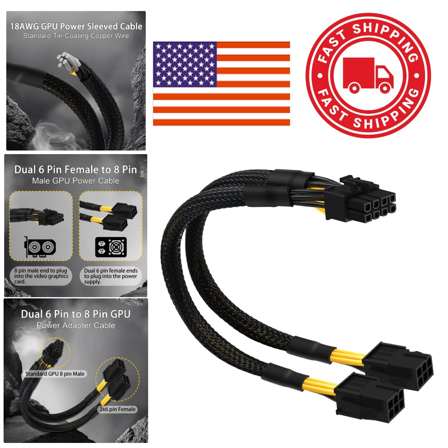 Sleeved GPU Power Cable 6 Pin to 8 Pin Adapter 9.5 Inch for Enhanced Performance
