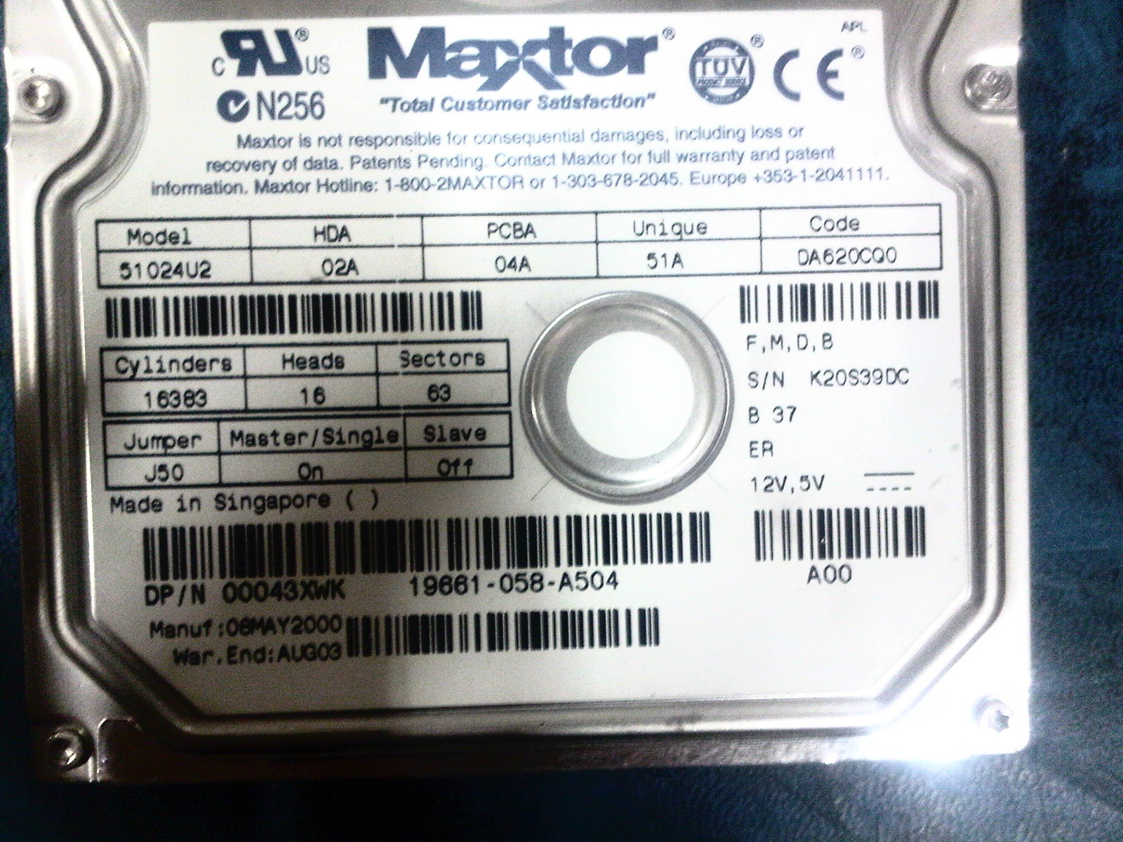 Maxtor 51024u2 Hard Disk Drive HDA 02 PCBA 04A 51A DA620CQ0