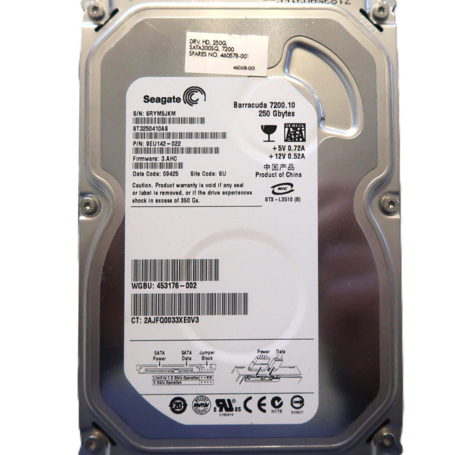 Seagate ST3250410AS 9EU142-022 FW:3.AHC (6RY) SU China 250gb 3.5" Sata APR/2009