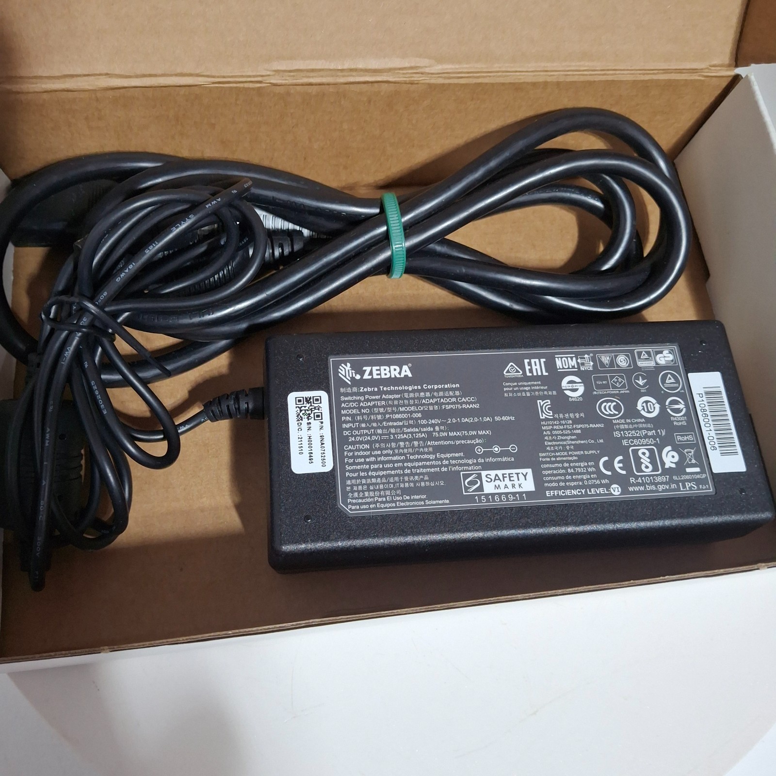 Original Zebra 75W AC Power Adapter FSP075-RAAN2 P1086001-006 Charger 24V 3.12A