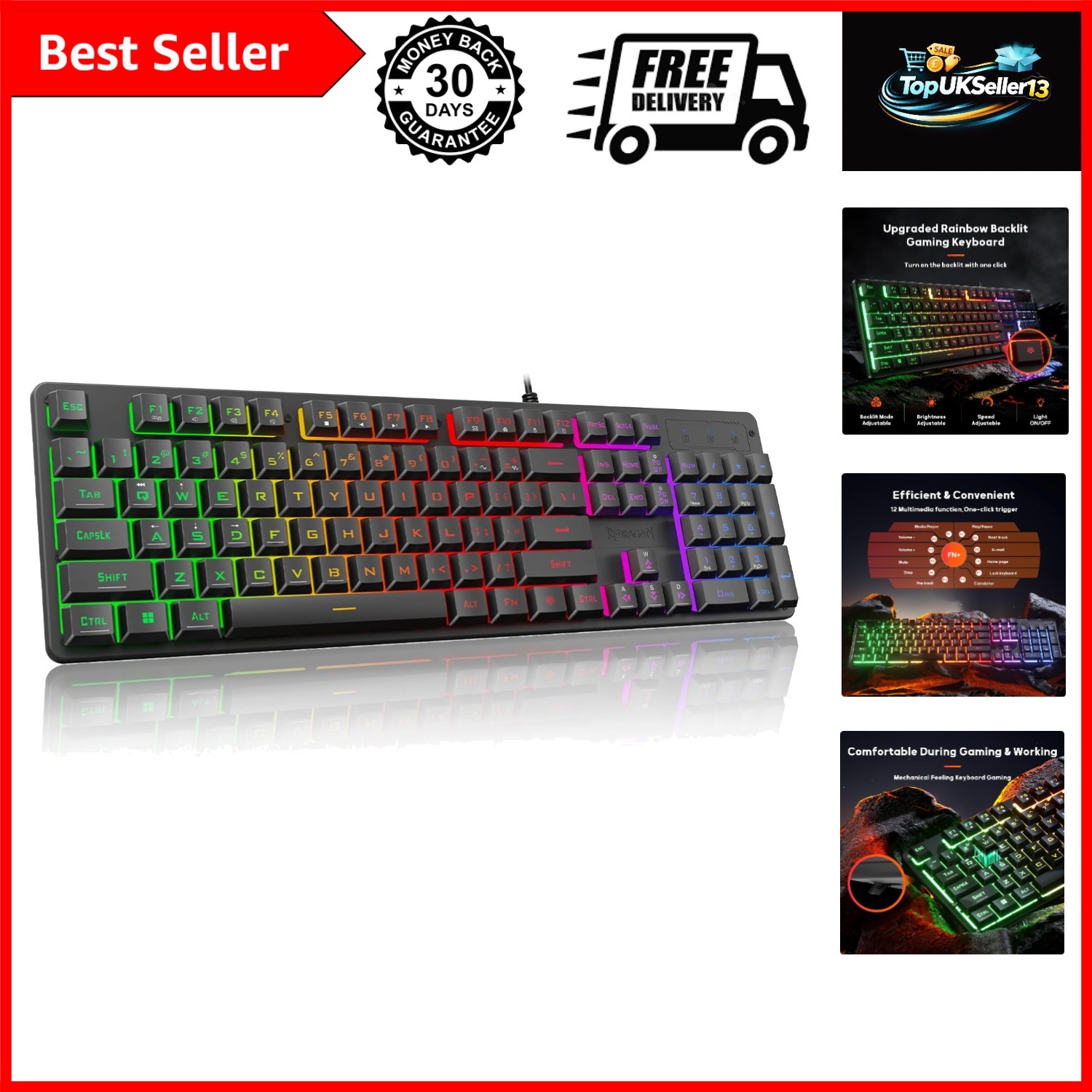 K521 Upgrade Rainbow LED Gaming Keyboard, 104 Keys Wired Mechanical Feeling K...