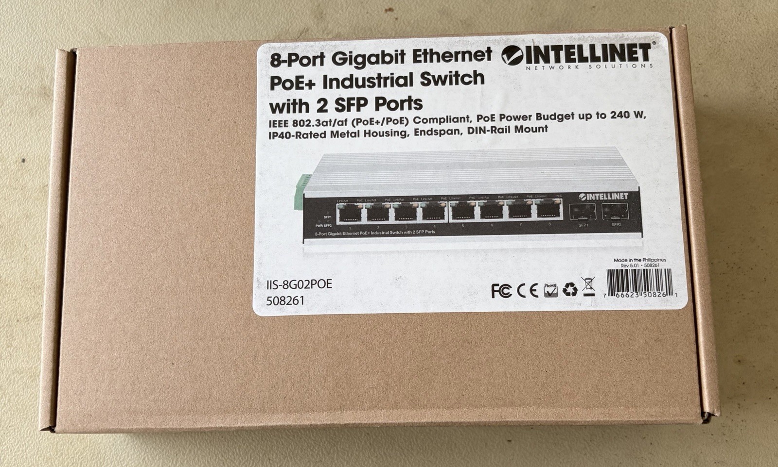 Intellinet 8-Port Gigabit Ethernet PoE+ Industrial Switch with 2 SFP Ports NIB.