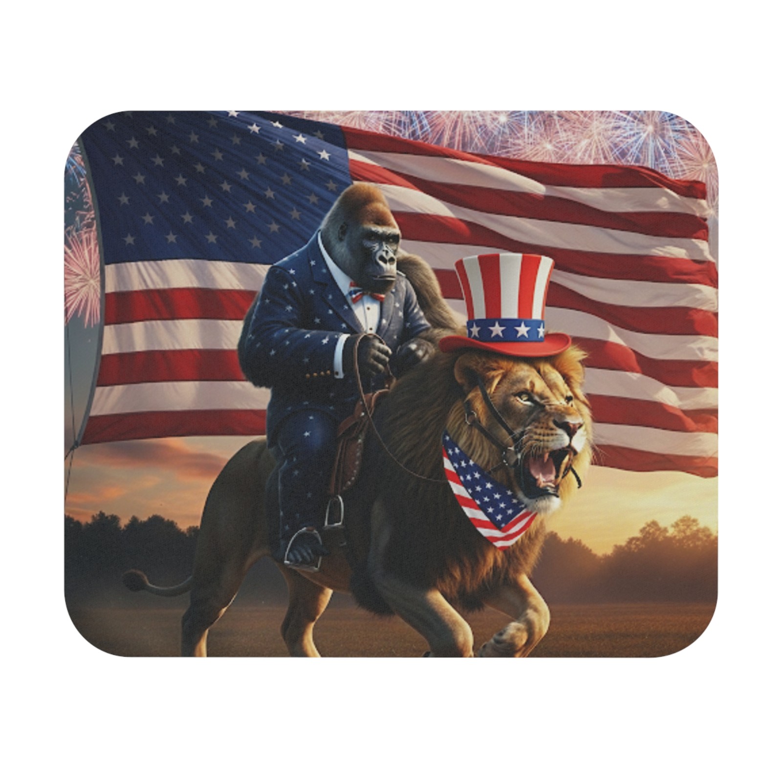 Gorilla Riding Lion Funny Patriotic Mouse Pad, Office Decor, Great Gift