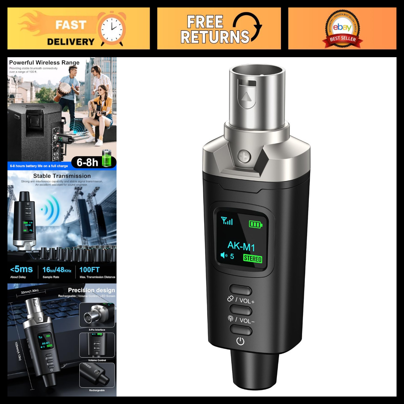 High-Fidelity XLR Bluetooth Receiver - 100ft Wireless Audio Adapter for Speakers