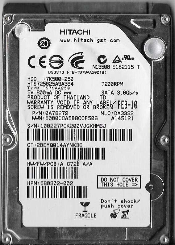 Hitachi HTS725025A9A364 250GB Sata Hard Drive P/N: 0A78272 MLC: DA3332