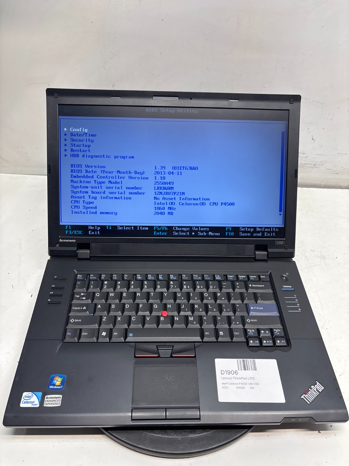 Lenovo ThinkPad L512 Intel Celeron P4500 1.86 GHz 2GB NO HDD
