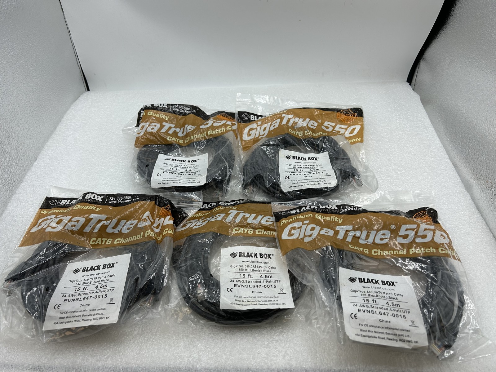 LOT of 5 NEW Black Box Gigatrue 550Mhz Cat6 Patch Cable 15ft  EVNSL647-0015